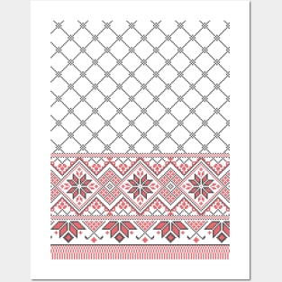 Palestinian Arabic Kufiya Keffiyeh or also called Hatta Traditional Pattern with Tatreez Embroidery Art Design Red Black on White Posters and Art